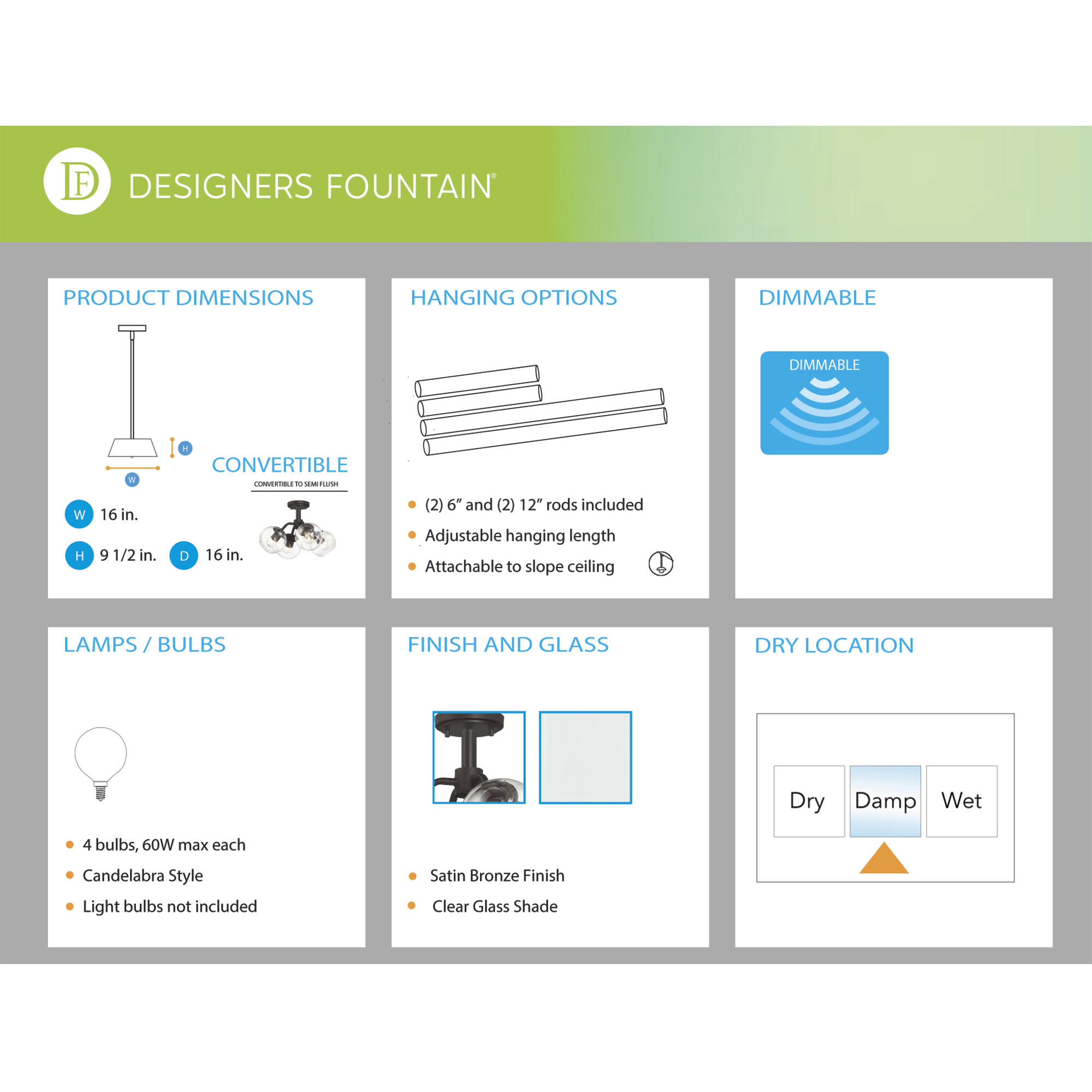 Meridian 4 Light 16 inch Satin Bronze Semi-Flush/Pendant Ceiling Light, Convertible to Semi-Flush Mount